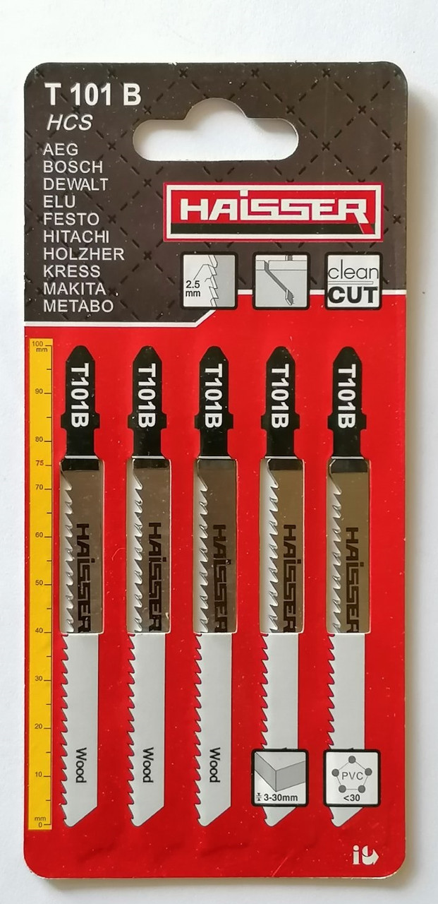 Пилка для електролобзика, пилочное полотно Haisser, T101B, 75 мм, по дереву, прямий чистий рез 16566 (6111712)