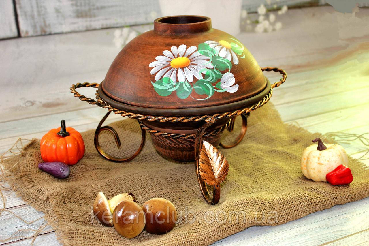 Садж для подавання шашлику із шашличницею d 28 см із червоної глини Ромашка