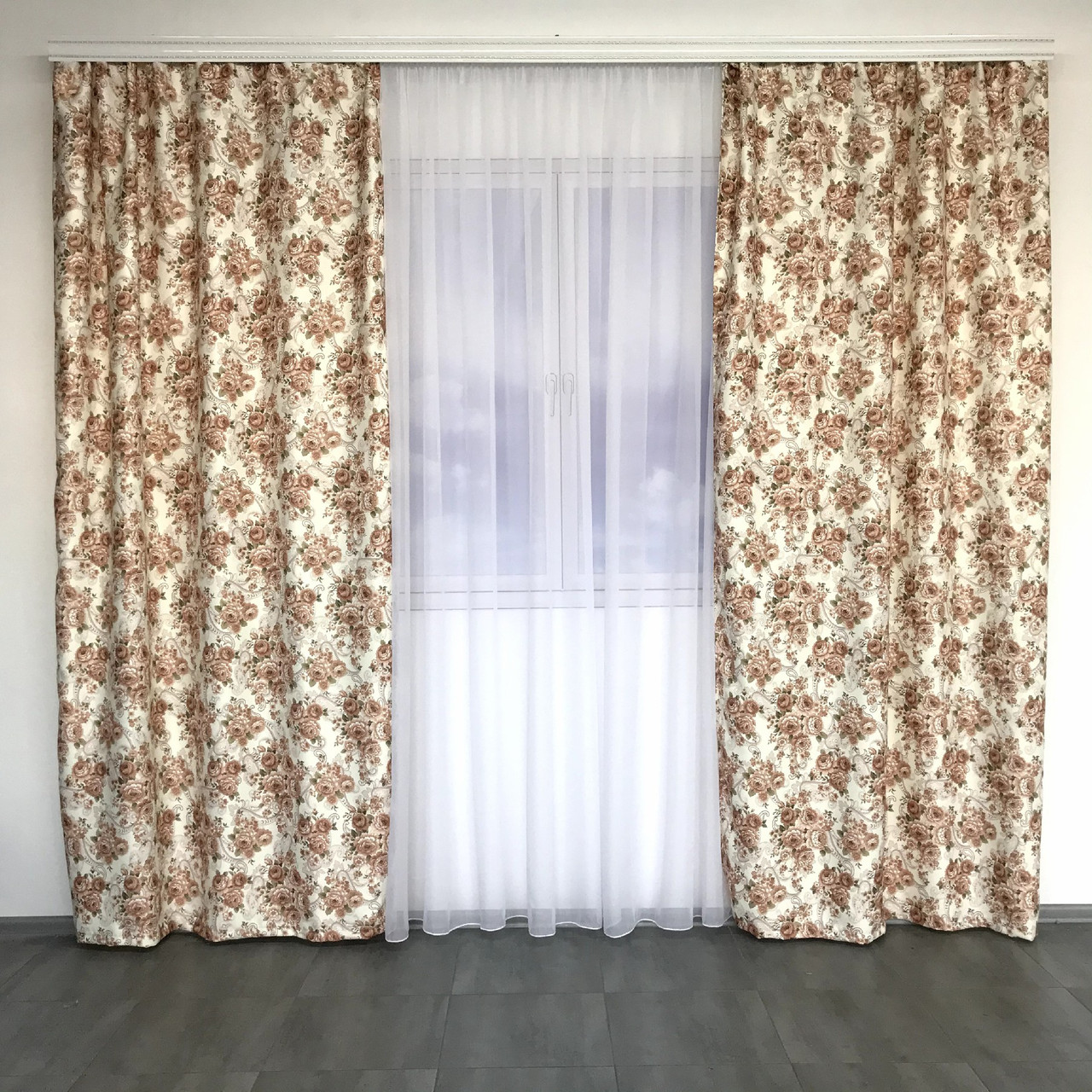 Штори атласні з кавовими квітами в стилі прованс ALBO 150×270 см, комплект 2 шт. (SH-631-3), фото 1