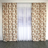 Шторы атласные с кофейными цветами в стиле прован ALBO 150×270 см, комплект 2 шт. (SH-631-3)