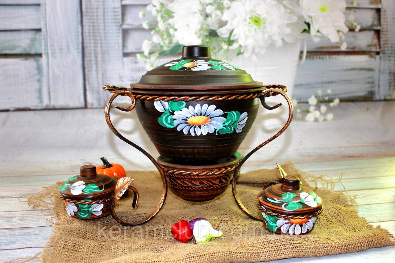 Садж для подавання м'ясних страв Керамклуб із супницею 2,5 л і соусниками з червоної глини Ромашка, фото 1