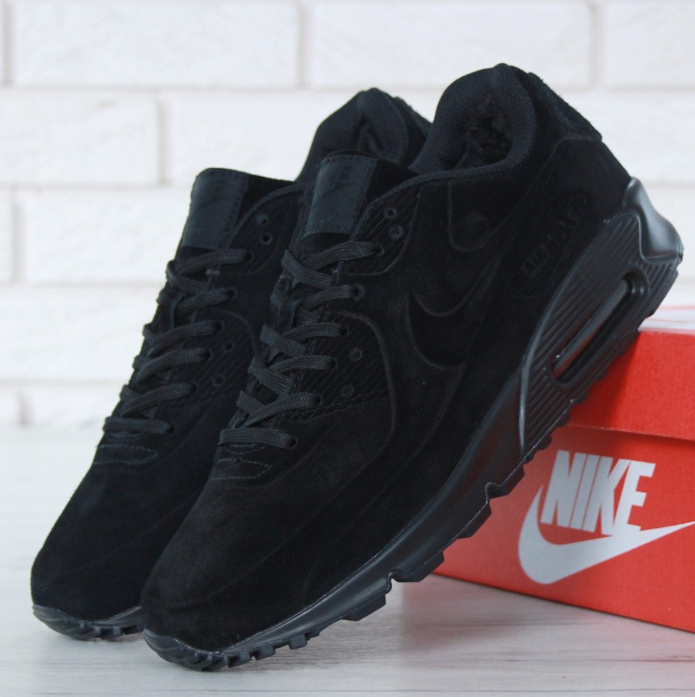 Зимові чоловічі кросівки з хутром Nike Air Max 90 VT чорні замш. Фото в живу. Топ топ