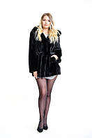 Шуба з норки жіноча під пояс із капюшоном укорочена чорна