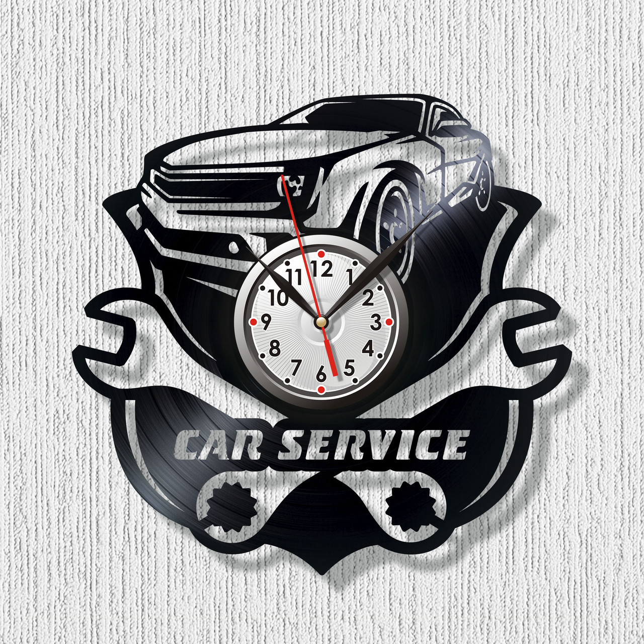 Годинник для автолюбів Годинник машини Вініловий годинник СТО дизайн Ремонт машин Чорний годинник настінний 30 см діаметр