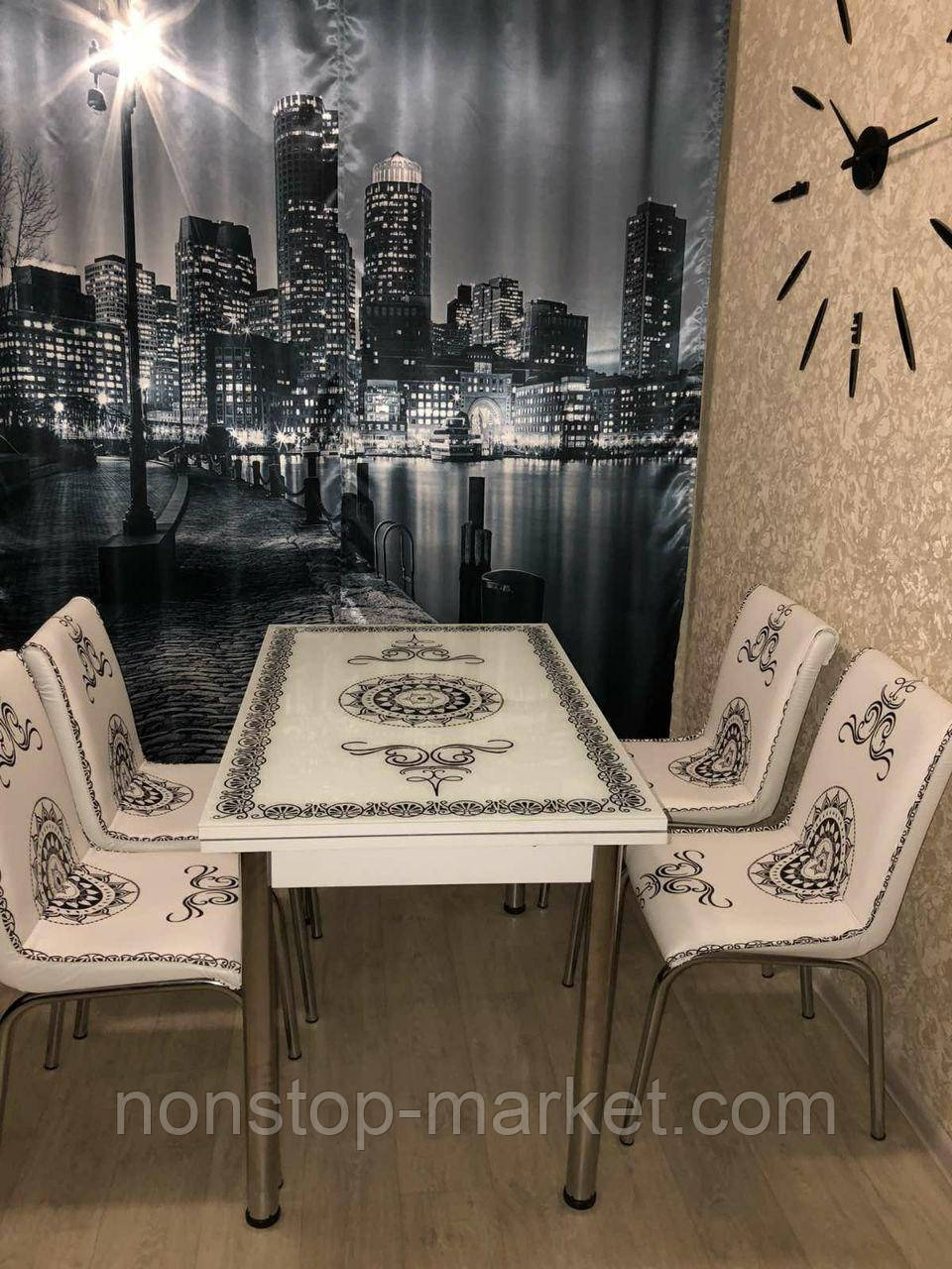 Раскладной стол обеденный кухонный комплект стол и стулья 3D рисунок 3д "Вензель" ДСП стекло 70*110 Mobilgen - фото 2 - id-p1224818207