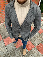 Мужской стильный пиджак (тёмно-серый) хлопок / в полосы