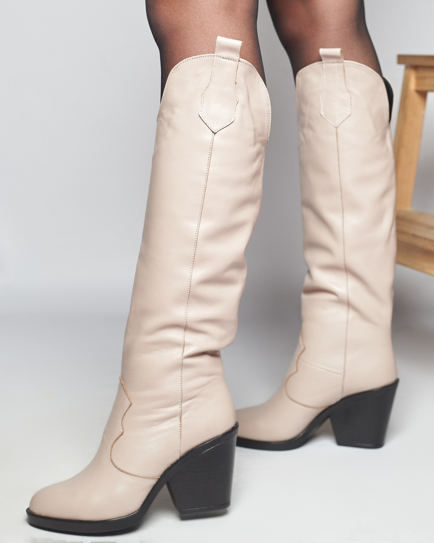 Жіночі шкіряні чоботи козаки бежеві демісезонні Bona Mente, фото 1