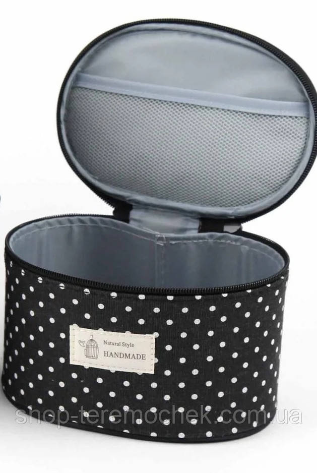 Косметичка каркасна жіноча текстильна чорна в горох, органайзер дорожній з ручкою на блискавці 20х15.5х12 см, кейс для косметики, фото 1