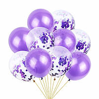 Повітряні фіолетові кулі металік, набір кульок з конфетті 10 шт.