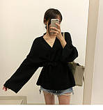 Кардиган жіночий чорний теплий з поясом на запах, фото 2