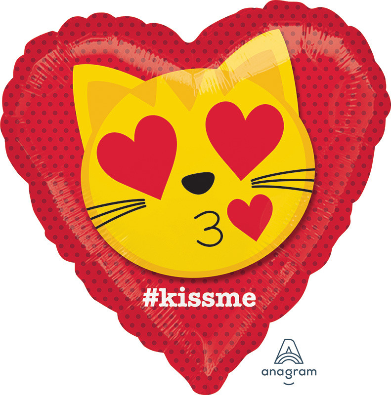 A 18" Cat Emoticon Kiss Balloon. Фольгована куля серце з котиком емодзі Поцілунок мене