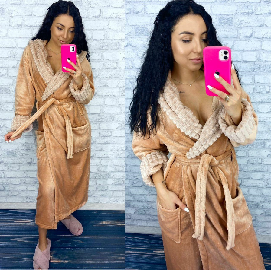 Гарний жіночий довгий махровий халат пісочного кольору, фото 1