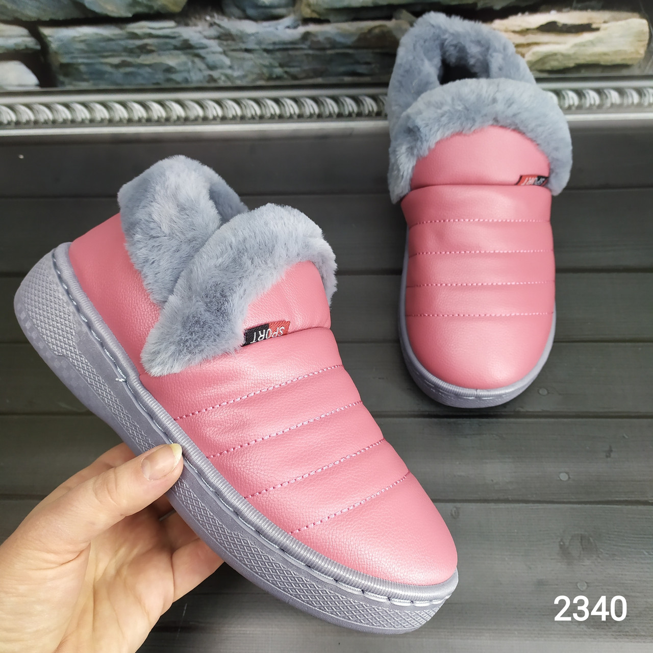 Жіночі теплі тапочки, закриті, шкіряні з задником, рожевого кольору., фото 1