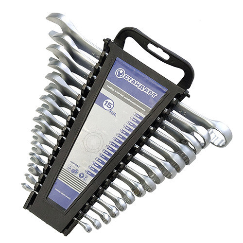 Ключі рожково-накидні (набір) 15 од. на холдере СТАНДАРТ NKK15ST (гайкові, рожково-накидні, реверсивні)