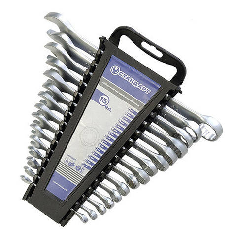 Ключі рожково-накидні (набір) 15 од. на холдере СТАНДАРТ NKK15ST (гайкові, рожково-накидні, реверсивні), фото 1