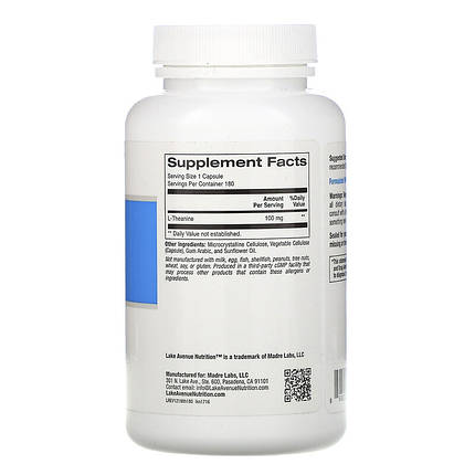Амінокислота Л-Теанін Lake Avenue Nutrition L-Theanine 100 mg 180 капс., фото 3