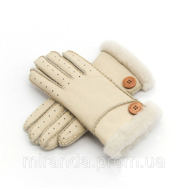 Перчатки женские кожаные зимние утепленные на меху из овчины (бежевые) - фото 1 - id-p1263316381