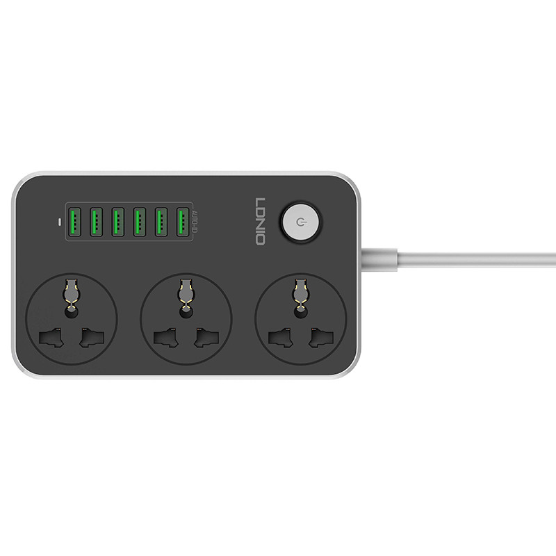 Подовжувач мережевий Ldnio SE3604, 6USB, 3 розетки, 1.6 м, чорний