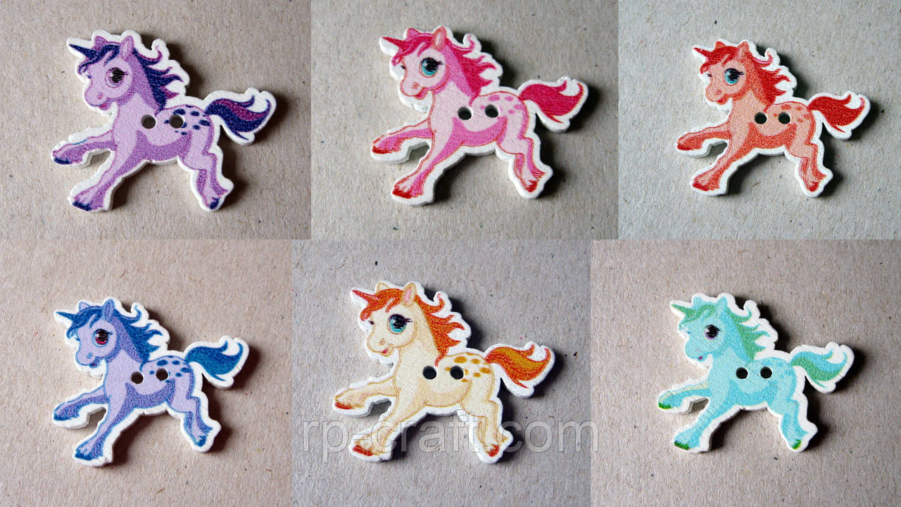 Гудзик дерев'яний, декоративний. Єдиноріг, 27х33 мм, фото 1