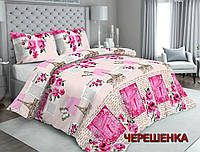 Красивая ткань 220см для постельного белья, бежево-розовая Бязь Gold Lux 125г с принтом ретро Париж, рулон 50м