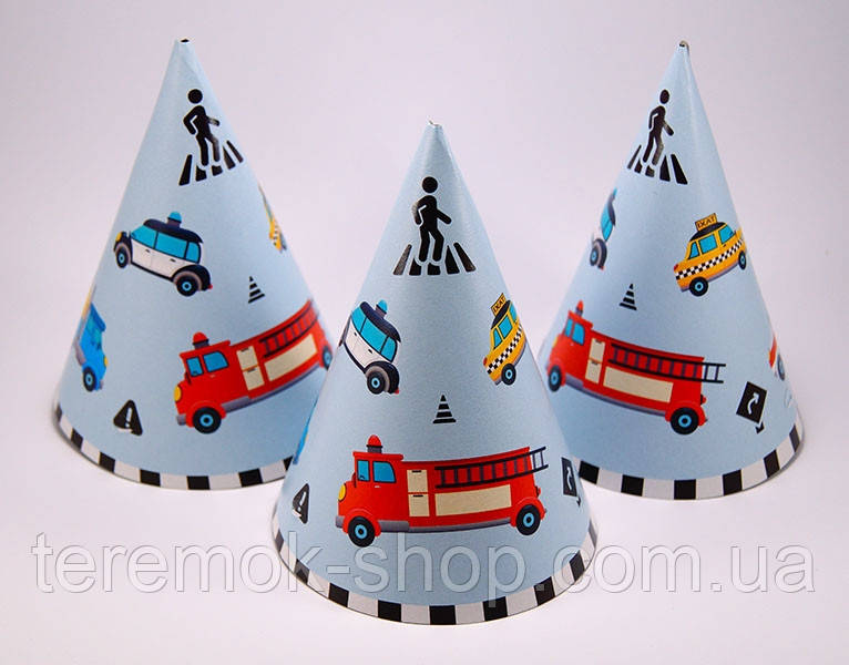 Ковпачки святкові паперові Машинки, дитячі ковпаки з малюнком на голову набір 10 шт, фото 1