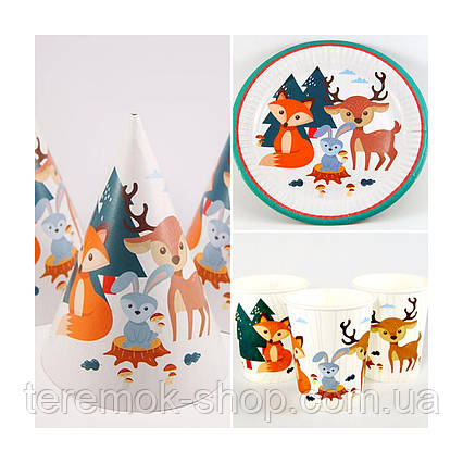 Набір дитячого святкового одноразового посуду Лісові звірята 10 склянок 10 тарілок 10 ковпачків