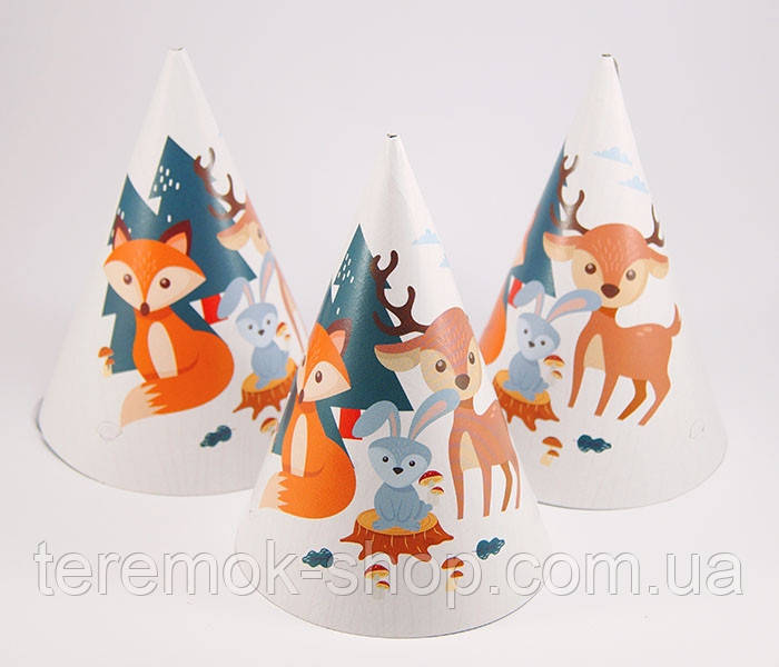 Ковпачки святкові паперові Лісові звірята, ковпаки дитячі з малюнком на голову набір 10 шт, фото 1
