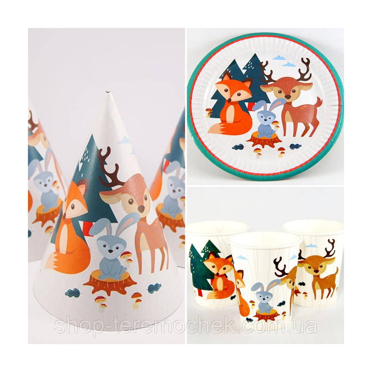 Набір дитячого святкового одноразового посуду Лісові звірята 10 склянок 10 тарілок 10 ковпачків, фото 1