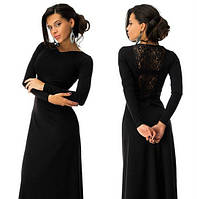 Женское вечернее платье в пол с гипюром. Длинные рукава, закрытое, широкое внизу. Черное