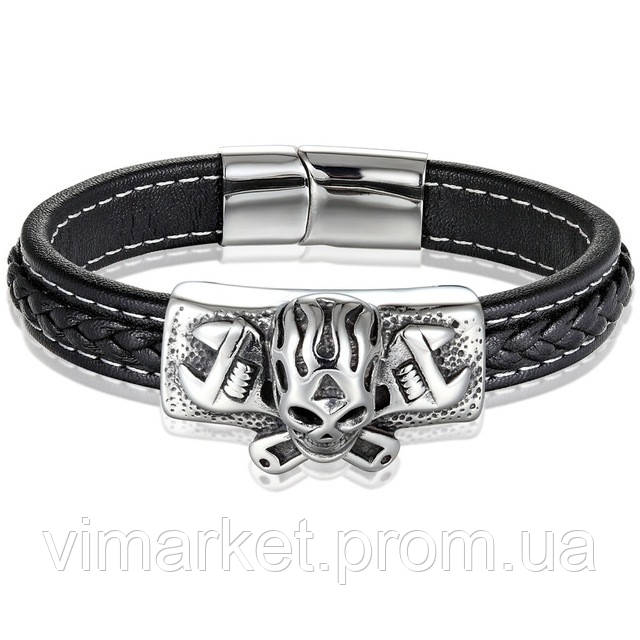 Модний стильний молодіжний браслет з натуральної шкіри Wrench Skull з перехресною опліткою срібного кольору