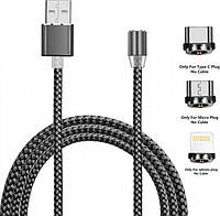 Магнитный кабель зарядки 3 в 1 с круглым разъемом micro USB, Type C, lightning