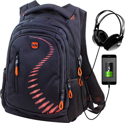 Рюкзак шкільний ортопедичний для хлопчика з USB підлітковий чорно-помаранчевий Winner One 395-7, фото 2