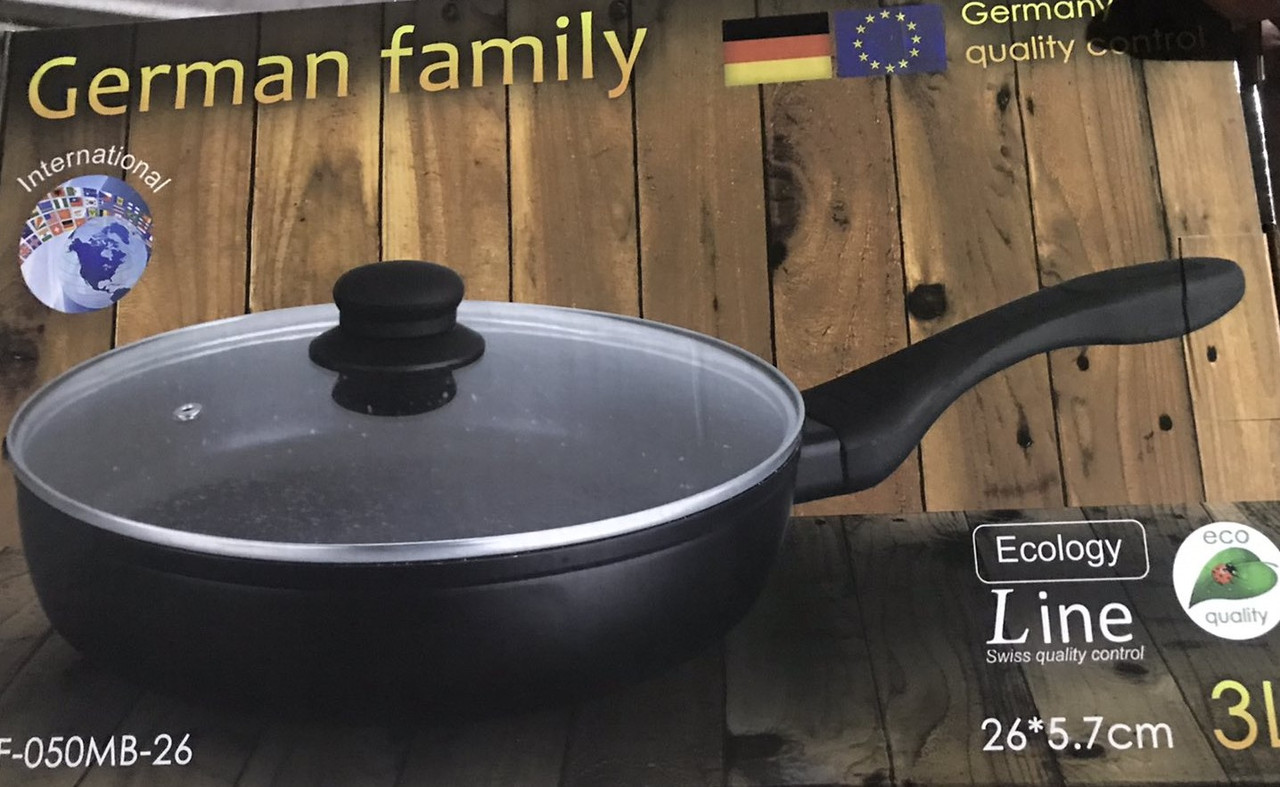Сковорода German Family лита з антипригарним мармуровим покриттям і кришкою (28*5.7см)