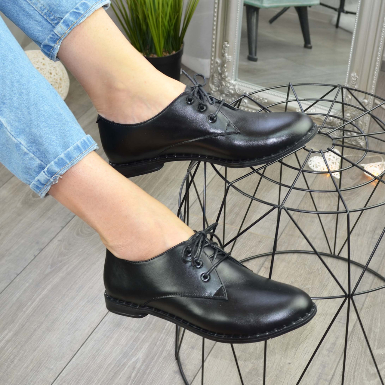 Туфлі жіночі чорні шкіряні на шнурівці, фото 1