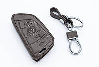 Кожаный чехол (футляр) c карабином для смарт ключа BMW (БМВ) 4 кнопки (цвет Коричневый, кожа