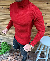 Мужской демисезонный однотонный свитер-гольф под горло красный - S