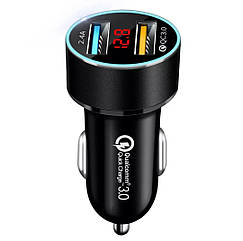 Автомобільний зарядний 2хUSB (12-24В, 5.4А) + Вольтметр / Швидка зарядка QC 3.0 + підсвічування - BLACK