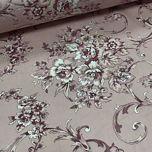 Тканина сатин із малюнком, рожеві квіти з орнаментом на світло-рожевому (ТУРЦІЯ шир. 2,4 м) (SAT-G-0016)
