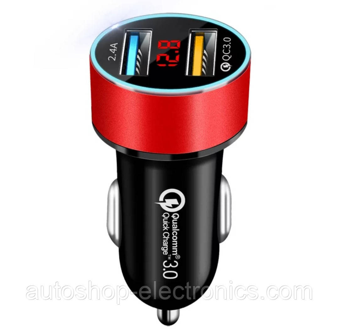 Автомобільний зарядний 2хUSB (12-24В, 5.4А) + Вольтметр / Швидка зарядка QC 3.0 + підсвічування - RED, фото 1