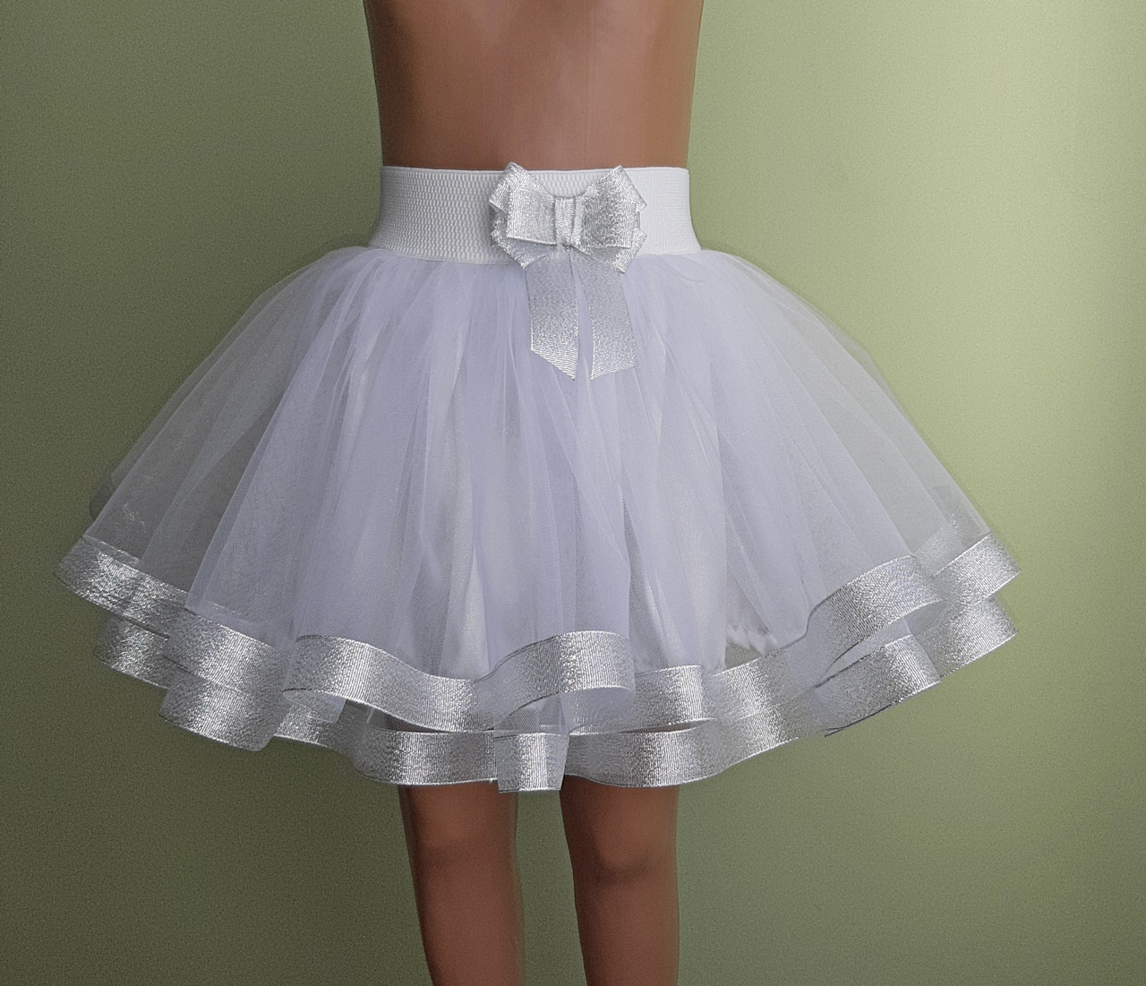 Дитяча спідничка на резинці в два шари фатину, біла з срібною стрічкою, розмір 98-104
