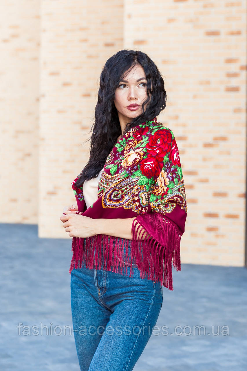 Жіноча велика хустка LEONORA бордового кольору з бахромою, фото 1