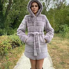 Жіноча шуба поперечка із штучного хутра з капюшоном (колір сірий) 39sb141