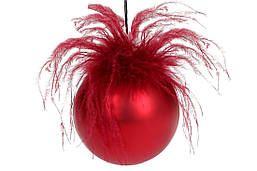 Ялинкові шари з матовим покриттям та декором з пір'я, 10см, колір - червоний, 8 шт.