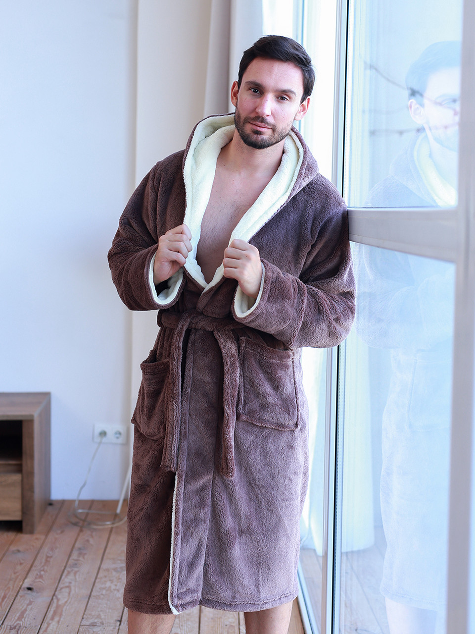 Халат чоловічий махровий Коричневий/Кремовий, фото 1