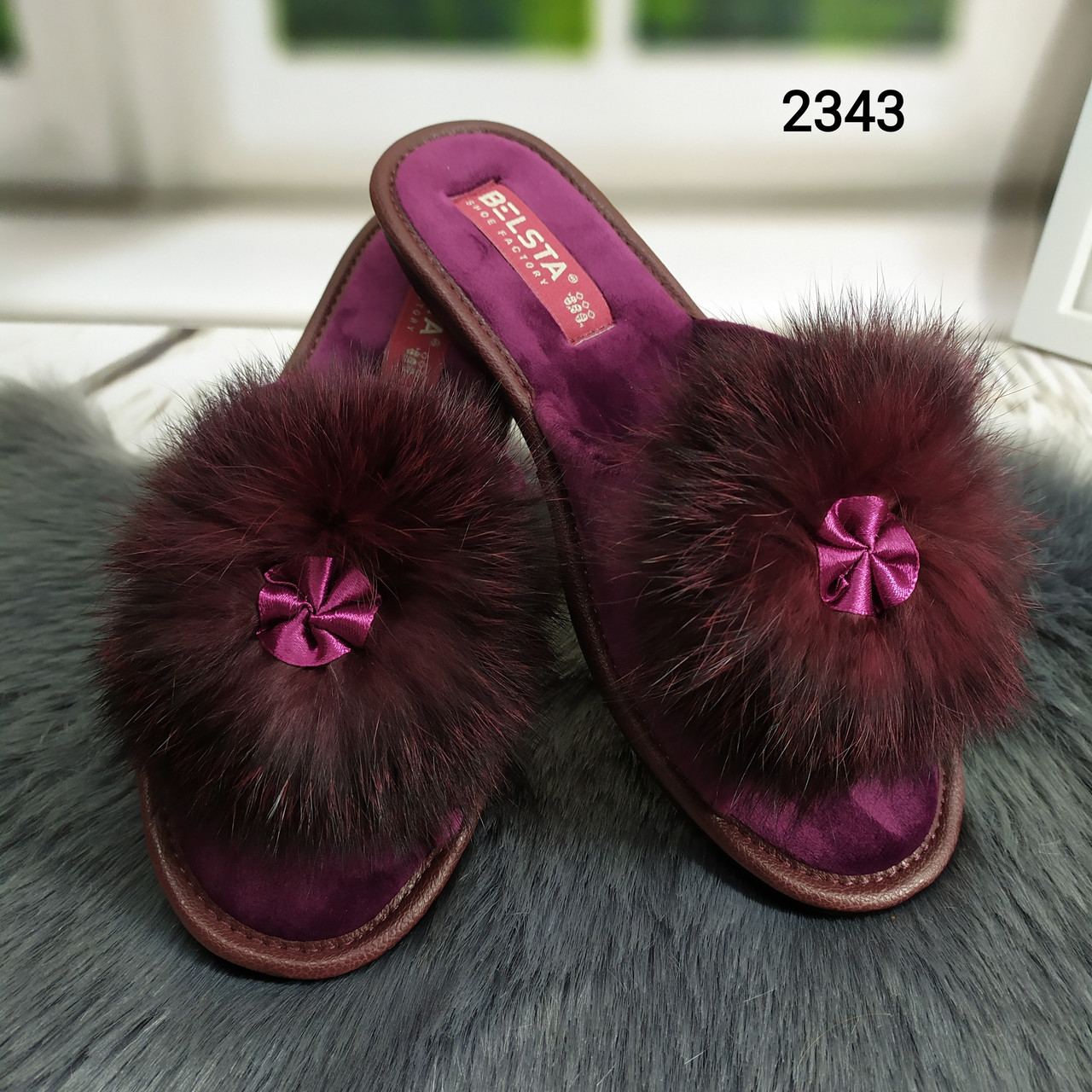 Тапочки жіночі Белста фіолетові з відкритим носком та хутром, фото 1