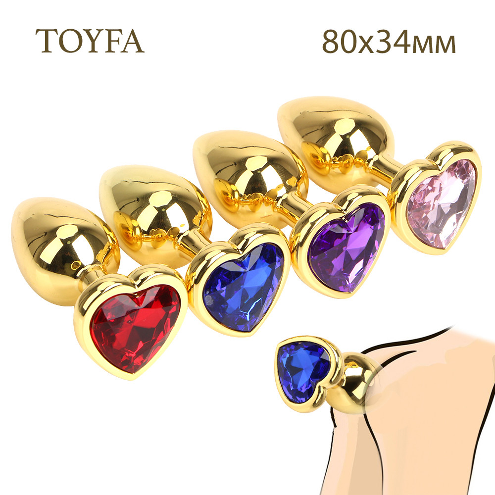 Анальна пробка М 3,4 см середня золота з каменем сердечком у формі серця TOYFA Metal