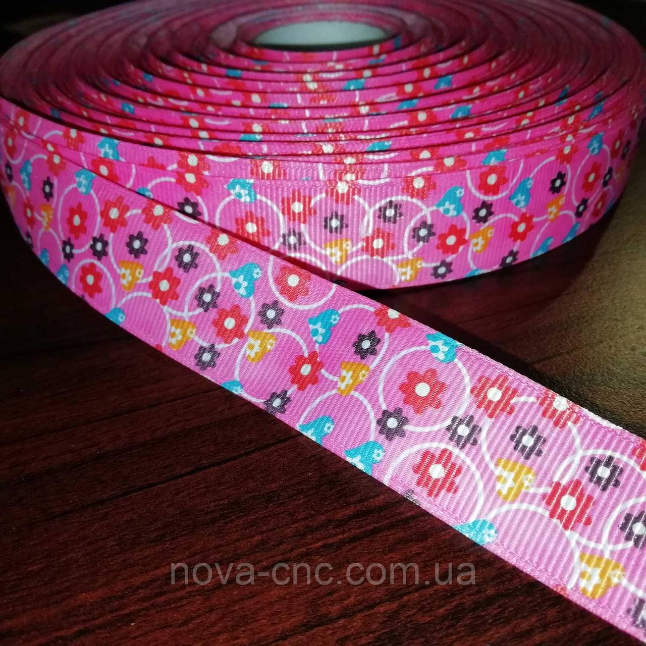 Стрічка репсова Квіти мікс малинова 25 мм +/-100 ярдів