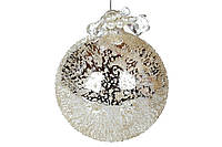 Елочный шар 10см с зеркальной поверхностью и покрытием "лёд" с декором из бусин и жемчуга, цвет - шампань, 4шт