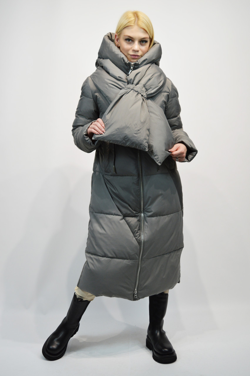 Пуховик із шарфом CLASNA 9433 сірий S