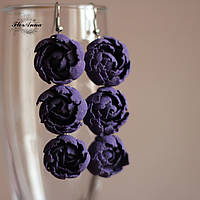 Длинные фиолетовые серьги с цветами из полимерной глины "Фиолетовые пионы"